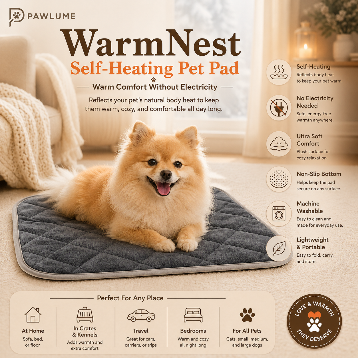 Pawlume WarmNest Self-Heating Pet Pad