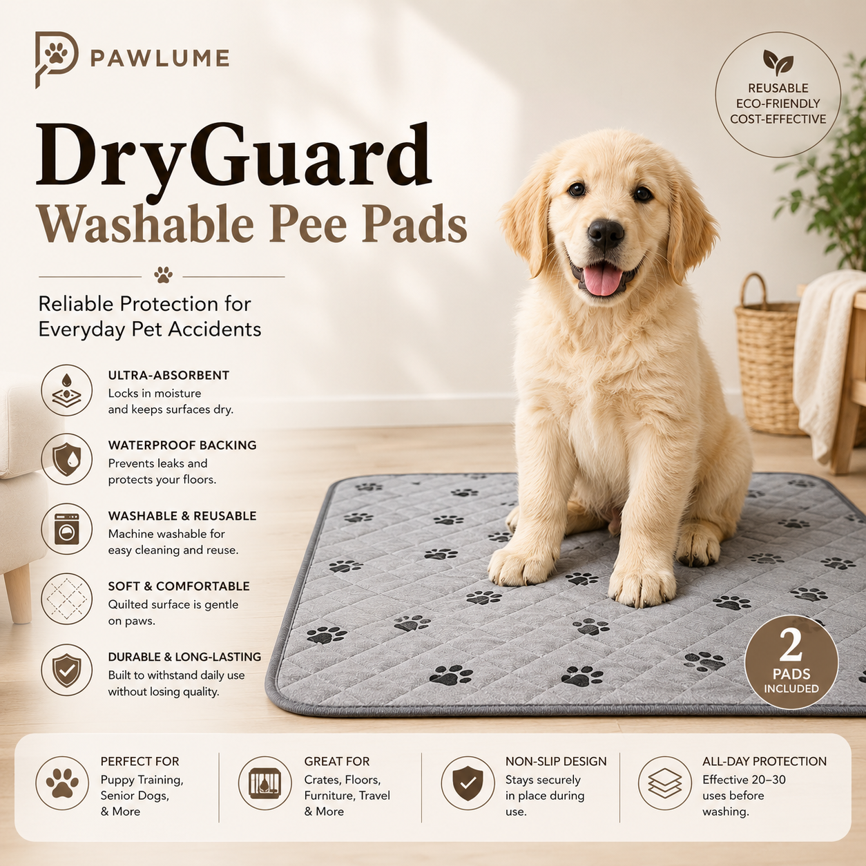 Pawlume DryGuard Washable Pee Pads