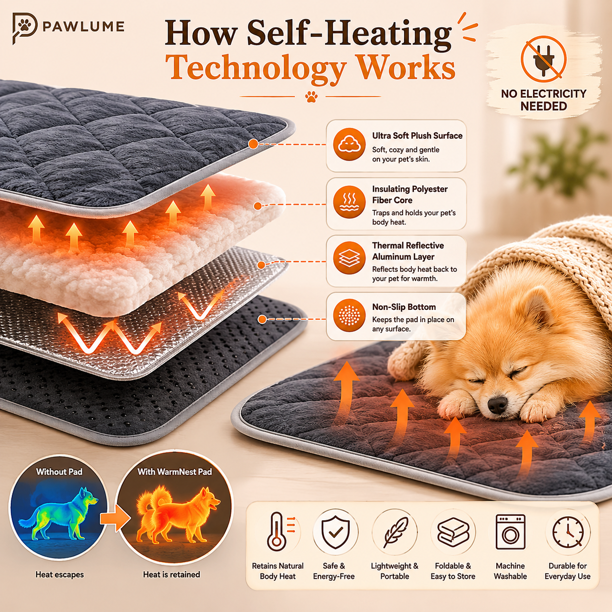 Pawlume WarmNest Self-Heating Pet Pad